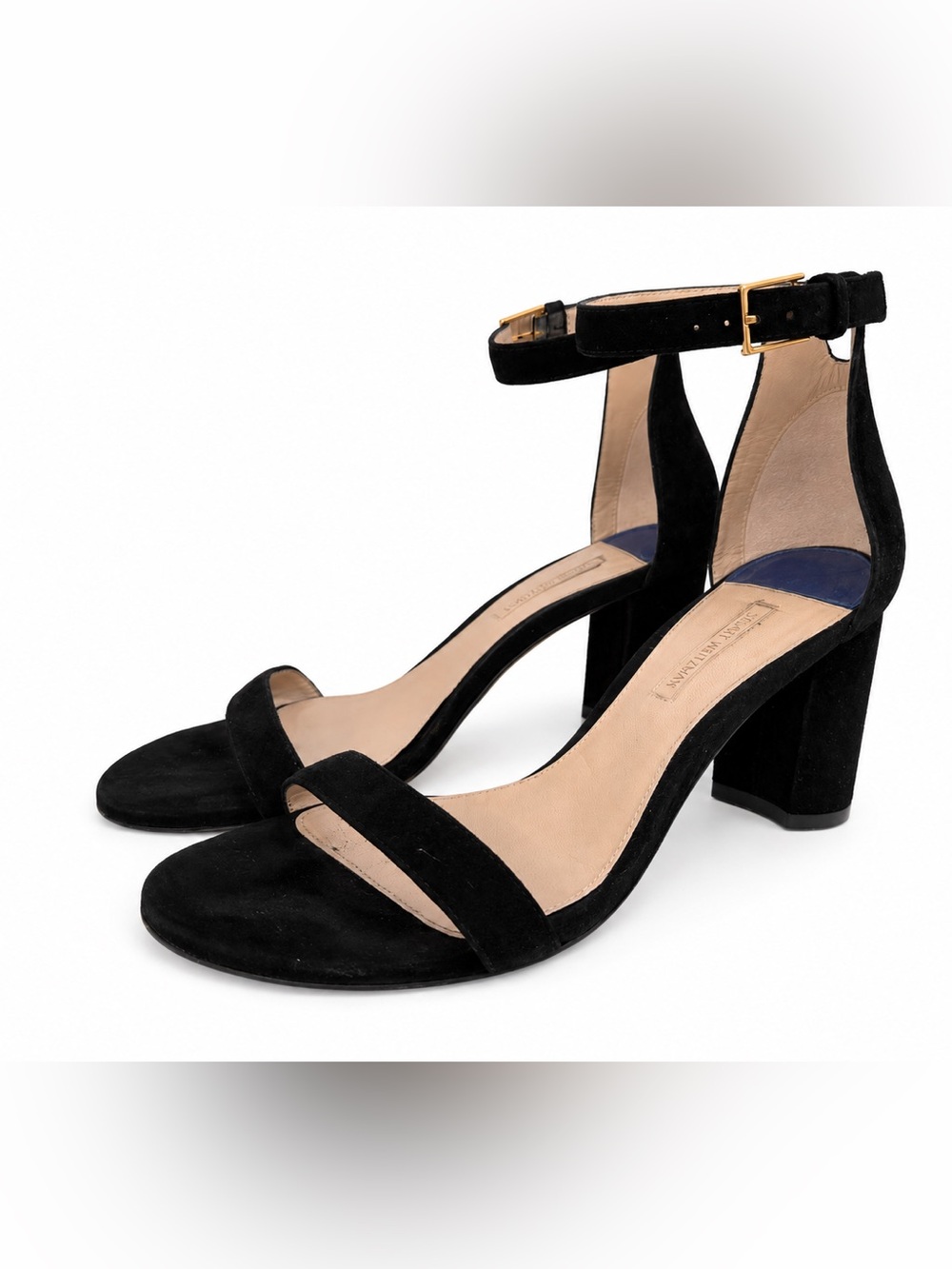 Stuart Weitzman Black Suede Ankle-Strap Block Heel Sandals